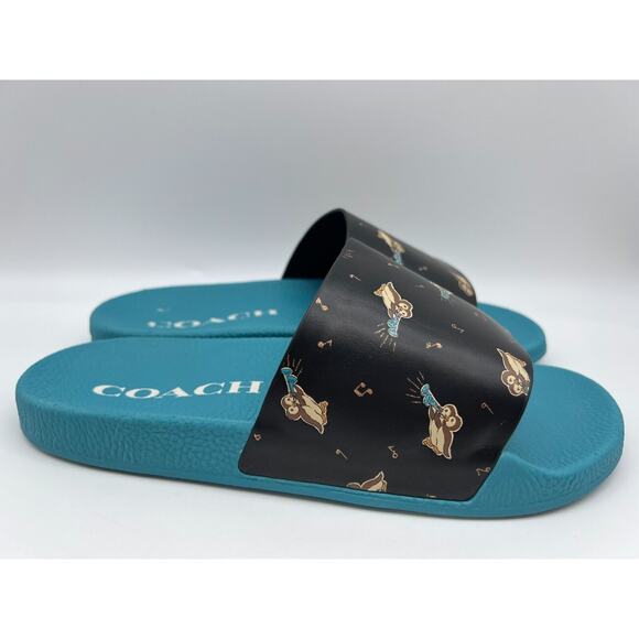 Coach Women's Udele Sport Slide Bird Printed Black Blue C6965 Size 10B - Picture 1 of 12